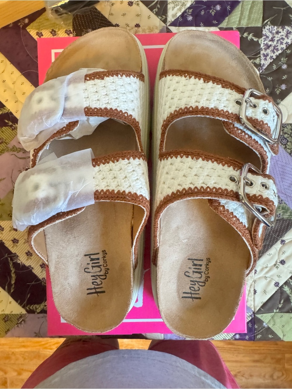Corkys White Woven Two-Strap Mules with Brown Trim
